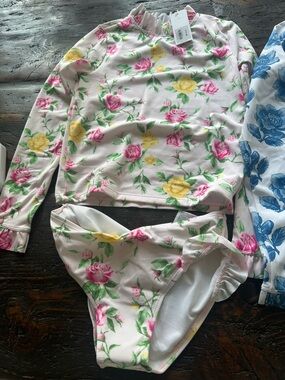 Janie and Jack Floral Two-Piece Swim Set - Pink, Yellow, Green. 2 bathing suits